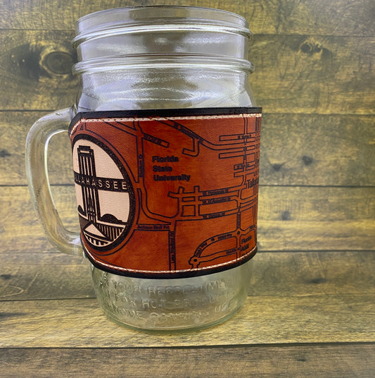 Leather mug wrap featuring the Tallahassee Collection logo and an accurate map of Downtown Tallahassee